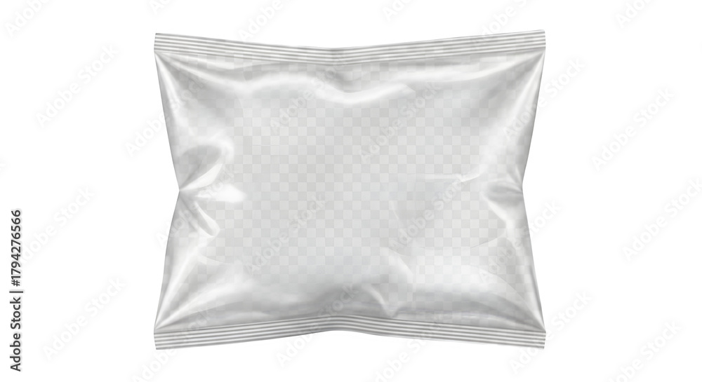 Fototapeta premium Blank white flexible foil pouch for food packaging with sealed edges isolated on transparent background