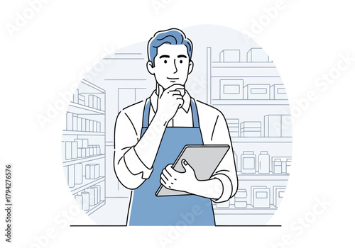 A thoughtful man wearing an apron holds a tablet and stands in front of shelves, contemplating a decision