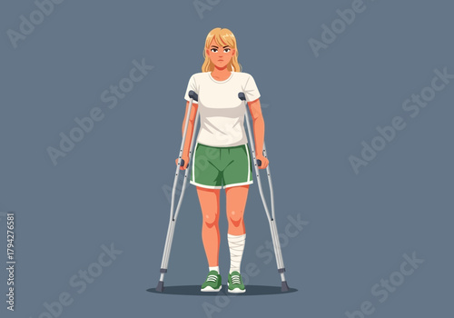 A woman with blonde hair stands on crutches, wearing a white tshirt and green shorts, recovering from an injury