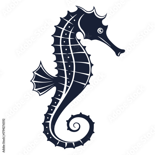 Stilized seahorse silhouette vector illustration, isolated black and white marine animal icon