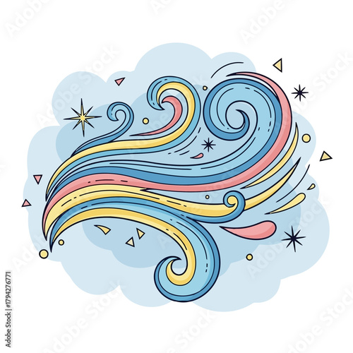 Abstract illustration of colorful swirling wind and clouds with sparkles
