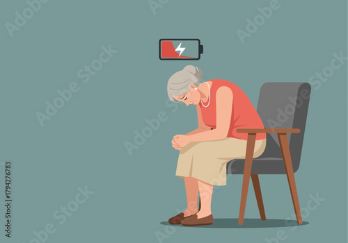An elderly woman sitting on a chair with a low battery symbol above her head, symbolizing fatigue and exhaustion