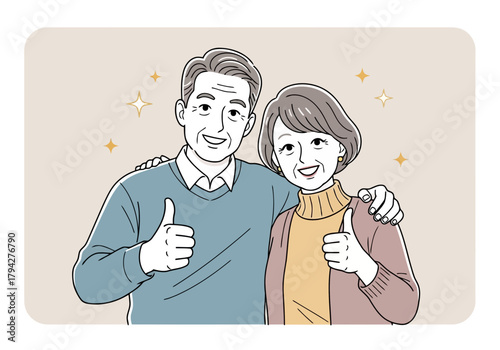 A smiling elderly couple giving a thumbs up, representing happiness and positivity in later life