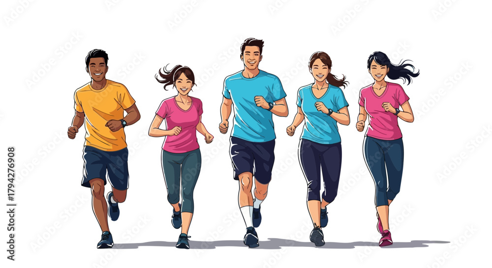 Obraz premium Diverse group of five people running together