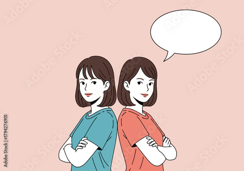 Two women standing back to back with arms crossed and a speech bubble, suggesting disagreement or contemplation