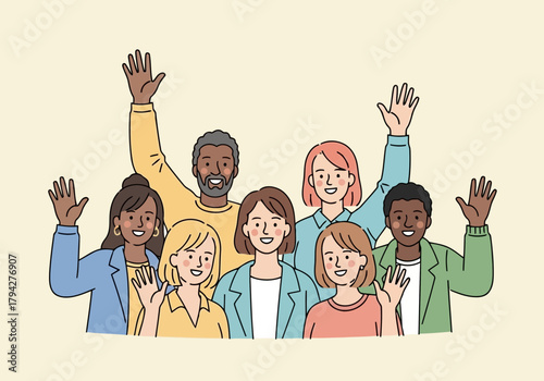Diverse group of people waving and smiling, representing unity, community, and collaboration