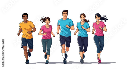 Diverse group of five people running together