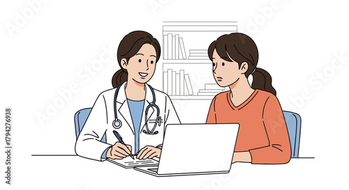 Doctor consulting with a patient, discussing medical results on a laptop, in a clinic setting