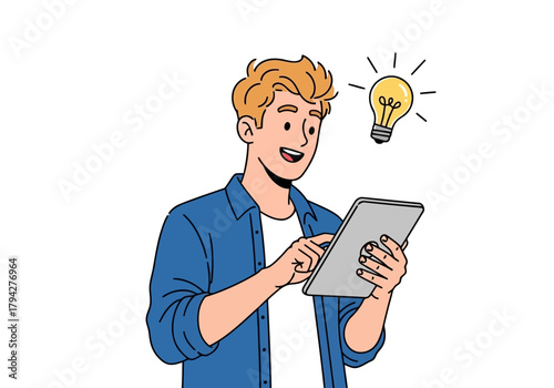 Man holding a tablet with a bright idea lightbulb above his head
