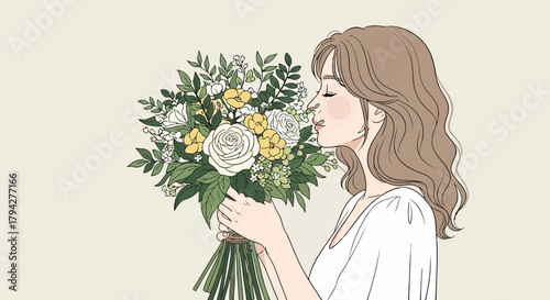 A young woman with wavy brown hair, wearing a white dress, smelling a beautiful bouquet of yellow and white flowers with green leaves
