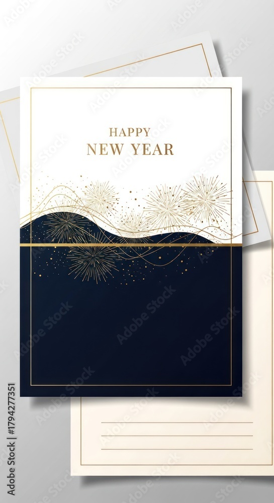 Fototapeta premium Elegant New Year Card with Gold and Navy Design.