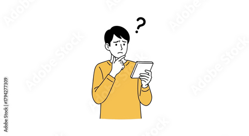 Man with a question mark above his head, holding a tablet and looking confused