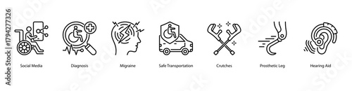 Health Accessibility web banner illustration featuring Social Media, Diagnosis, Migraine, Safe Transportation, Crutches, Prosthetic Leg, and Hearing Aid. Promotes mobility and medical innovation.