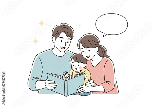 A happy family, father, mother and baby, are reading a book together, with a speech bubble above