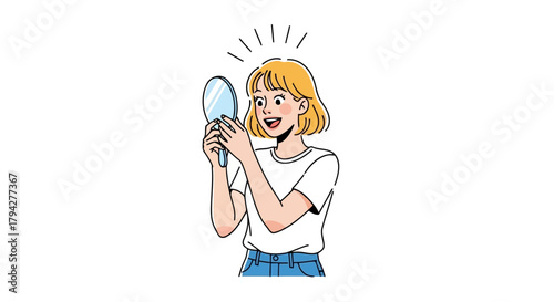 A young woman with short blonde hair looks into a handheld mirror with a surprised and delighted expression