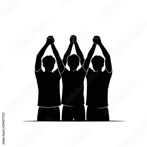 Three people raising their hands in the air, celebrating success