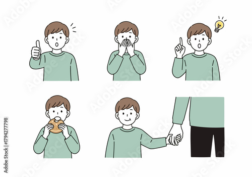 A young boy showing various emotions and actions like thumbs up, surprise, idea, eating, and holding something
