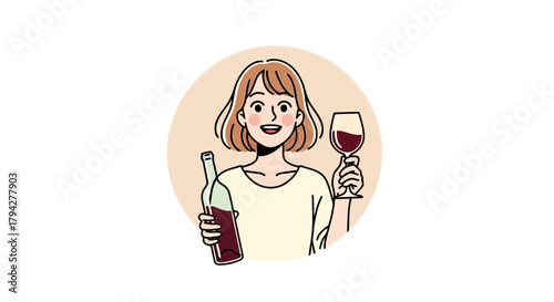Woman happily holding a bottle of wine and a glass, ready to drink and relax