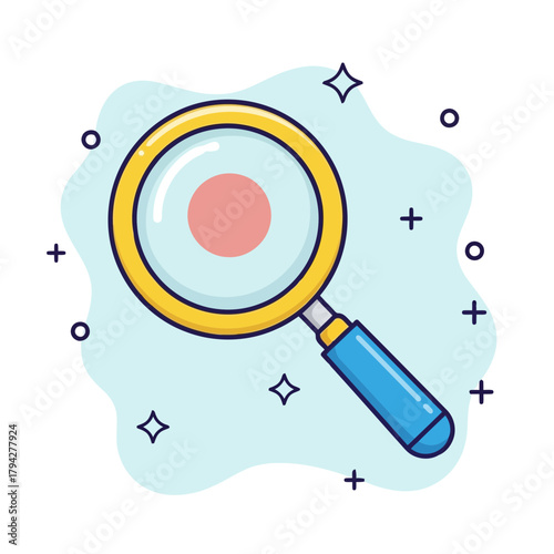 Magnifying glass with a red circle in the center, on a light blue background with abstract shapes and stars