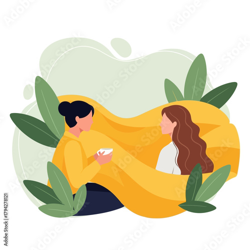 Two women sharing a blanket, one holding a cup, surrounded by green leaves and abstract shapes, symbolizing comfort and togetherness