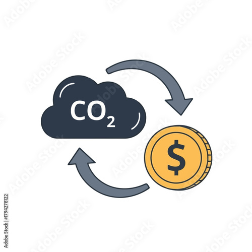 An illustration showing a cloud labeled co2 with arrows indicating a cycle with a gold coin with a dollar sign