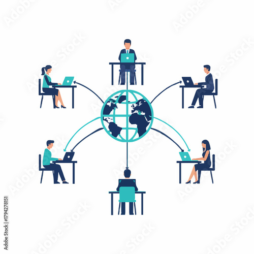 Vector business people working on laptops connected by lines across a globe
