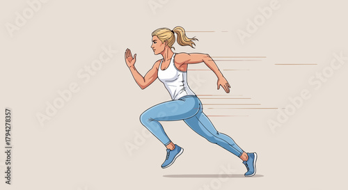 A fit woman with blonde hair in a ponytail running with speed lines, wearing a white tank top and blue leggings