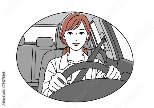 Woman driving a car, looking forward with a smile, hands on the steering wheel, wearing a white shirt, inside the vehicle