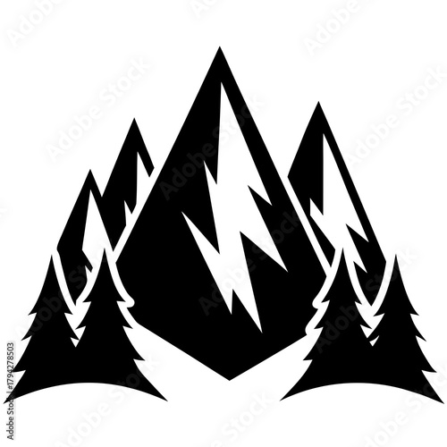Silhouette of mountains and trees in black and white on transparent background