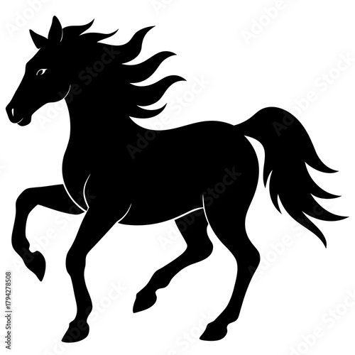 Silhouette of a rearing horse with flowing mane and tail on transparent background
