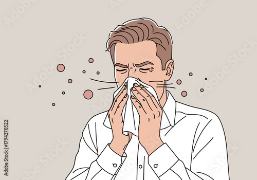 Man with a cold sneezing into a tissue with airborne particles around him