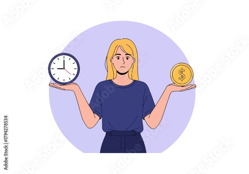 Woman balancing a clock and a coin on her hands, illustrating the concept of time versus money and financial decisionmaking