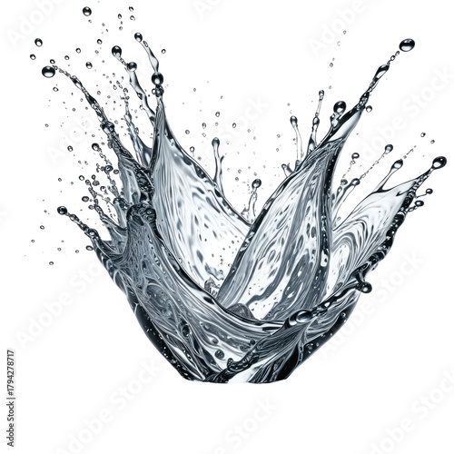 Water crown splash effect on black background. Detailed water droplets