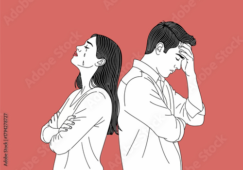 Couple back to back, woman crying and man distressed, symbolizing relationship conflict and emotional breakdown