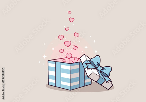 Open gift box with a blue ribbon, releasing pink hearts and sparkles, symbolizing love and joy