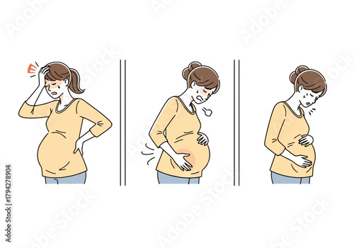Pregnant woman experiencing discomfort, holding her head in pain, feeling stomach cramps, and nausea