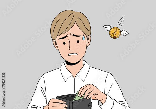 A worried young man looking at his empty wallet with a flying coin, symbolizing financial trouble and poverty