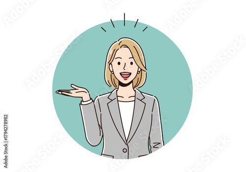 A smiling businesswoman in a grey suit, with blonde hair, presenting something with her hand, isolated on a teal background
