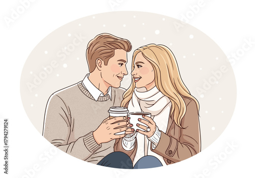 A loving couple sharing a warm moment with coffee cups, enjoying each others company in a cozy setting