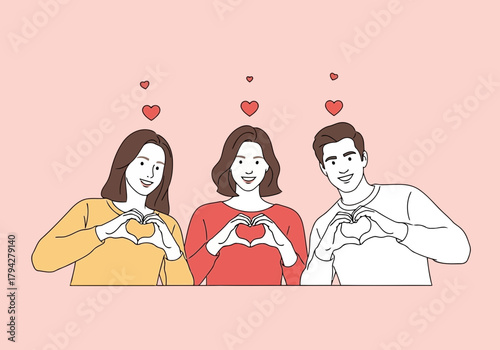 Three friends expressing love and connection by forming heart shapes with their hands, surrounded by floating hearts
