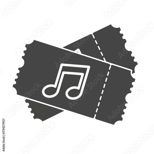 A pair of dark grey concert tickets with a white musical note symbol, representing entry to a music event