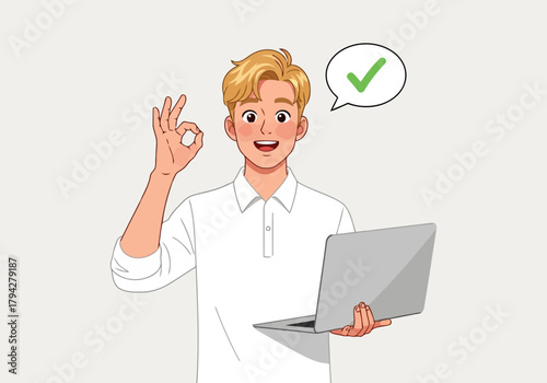 Young man with blond hair giving an okay sign while holding a laptop and smiling, with a checkmark in a speech bubble