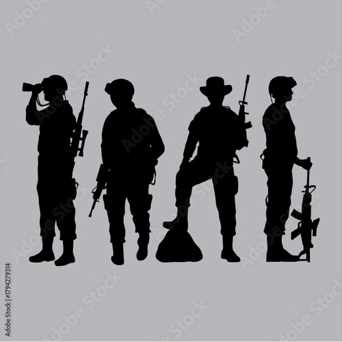 Silhouette of four soldiers in various poses with rifles against a representing military strength and readiness for defense operations and strategic deployment