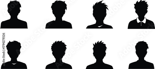 Collection of diverse male avatar silhouettes representing various hairstyles on transparent background