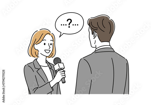 A female reporter interviews a man, holding a microphone and asking a question with a speech bubble containing ellipses and a question mark