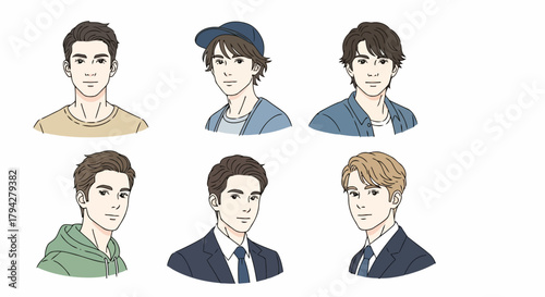 Collection of diverse male portraits, different hairstyles and styles, casual to formal