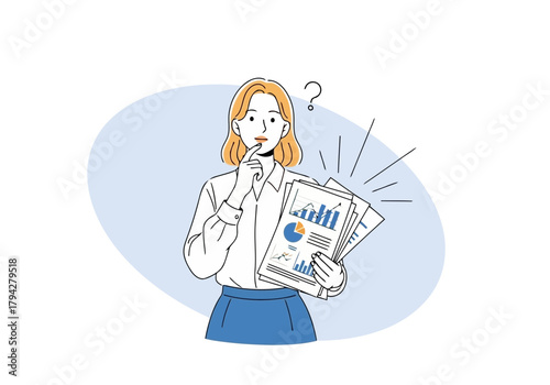 Woman thinking about business report, holding document with charts and graphs