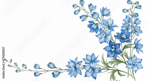 Blue watercolor floral corner border isolated on white background for wedding invitation design
