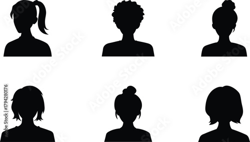 Diverse female silhouettes showcasing various hairstyles on transparent background