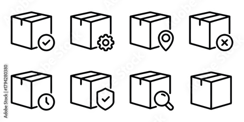 shipping, box, package, icon, delivery, logistics, symbol, graphic, design, element, set, collection, checkmark, gear, location, pin, cross, clock, shield, search, magnifying glass, isolated, white ba
